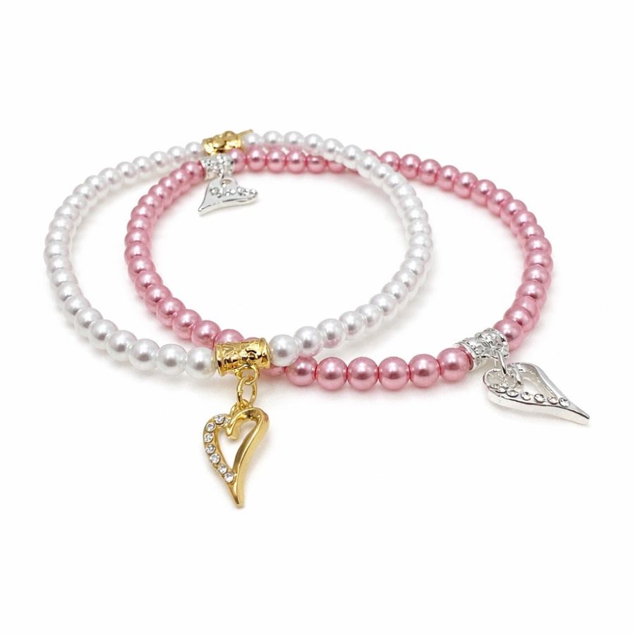 20373 Armbånd små lyserosa perler, sølvfarget hjerte